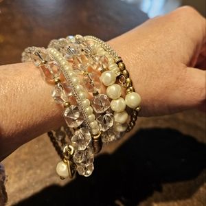 Wrap style pearl, silver, brass and clear beads bracelet from Silpada.